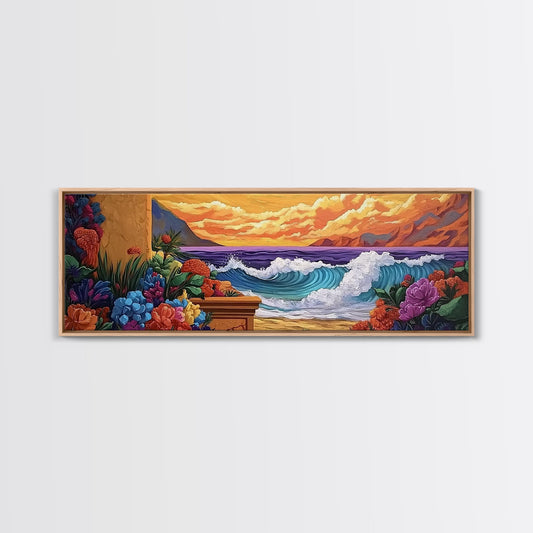 Garden Ocean View, Floral Beach Art, Colorful Home Decor, Boho Wall Style, Kitchen Wall Art, Framed Canvas Print, Sunset Landscape