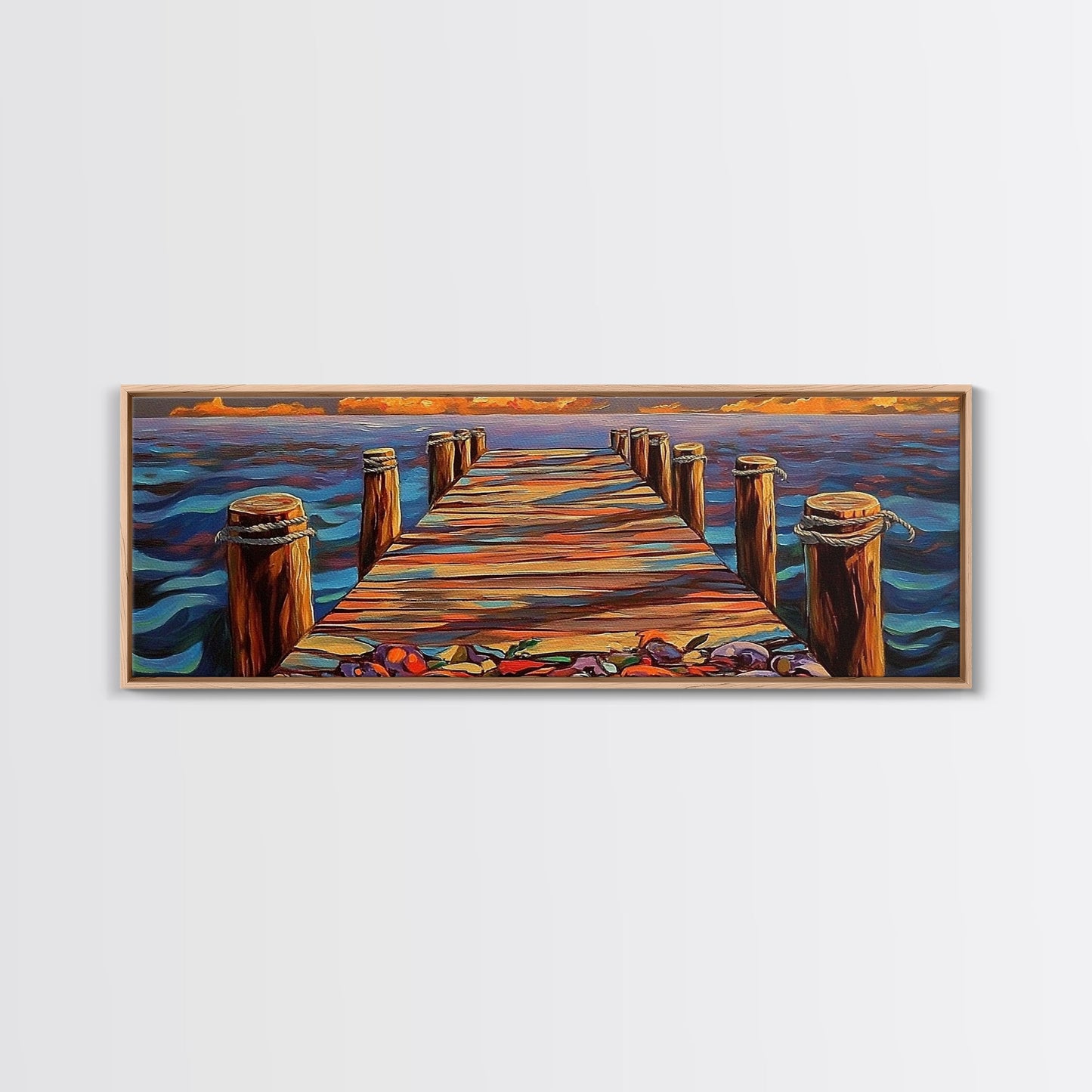 Wooden Dock Sunset, Ocean Pier Painting, Tranquil Seascape Decor, Nautical Beach House Style, Framed Canvas Print