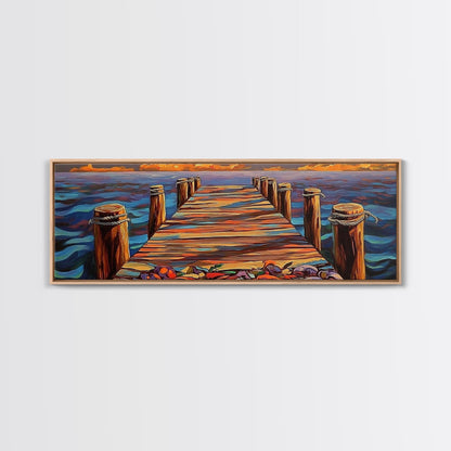 Wooden Dock Sunset, Ocean Pier Painting, Tranquil Seascape Decor, Nautical Beach House Style, Framed Canvas Print