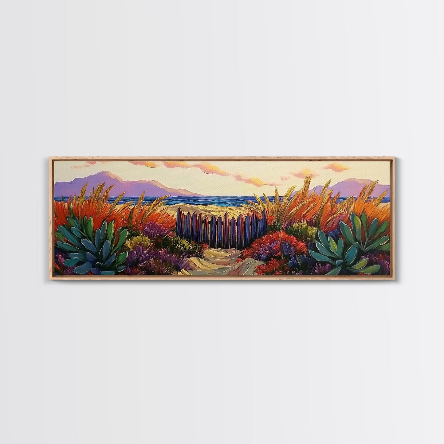 Beach Fence, Sunset Shore, Autumn Grass, Serene Dunes, Framed Canvas Print, Boho Coastal Art, Bedroom Tranquil Wall Decor
