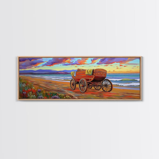 Wagon Beach, Country Ocean, Sunset Retreat, Rustic Cart, Framed Canvas Print, Farmhouse Coastal Art, Entryway Western Decor