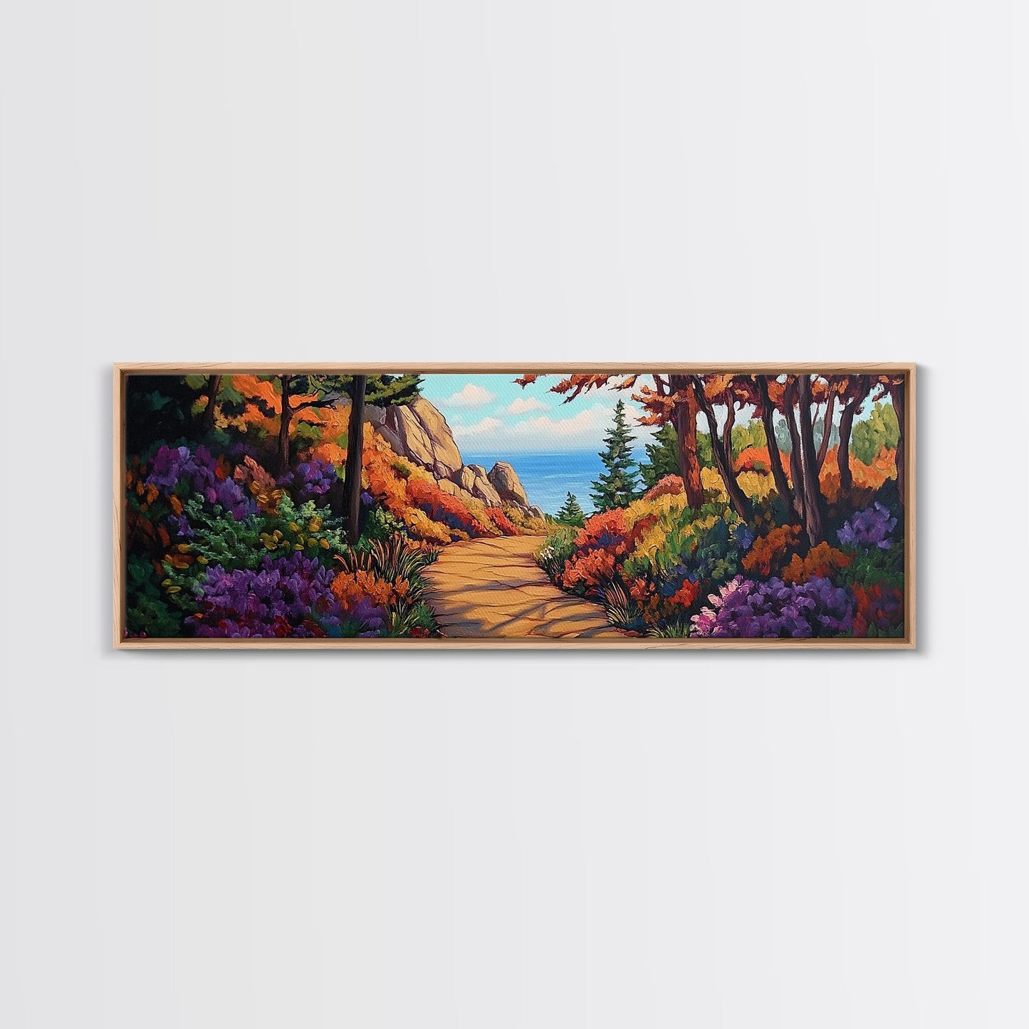 Coastal Forest Walk, Vibrant Landscape Painting, Ocean View Trail, Autumn Decor, Framed Canvas Print, Hallway Wall Art