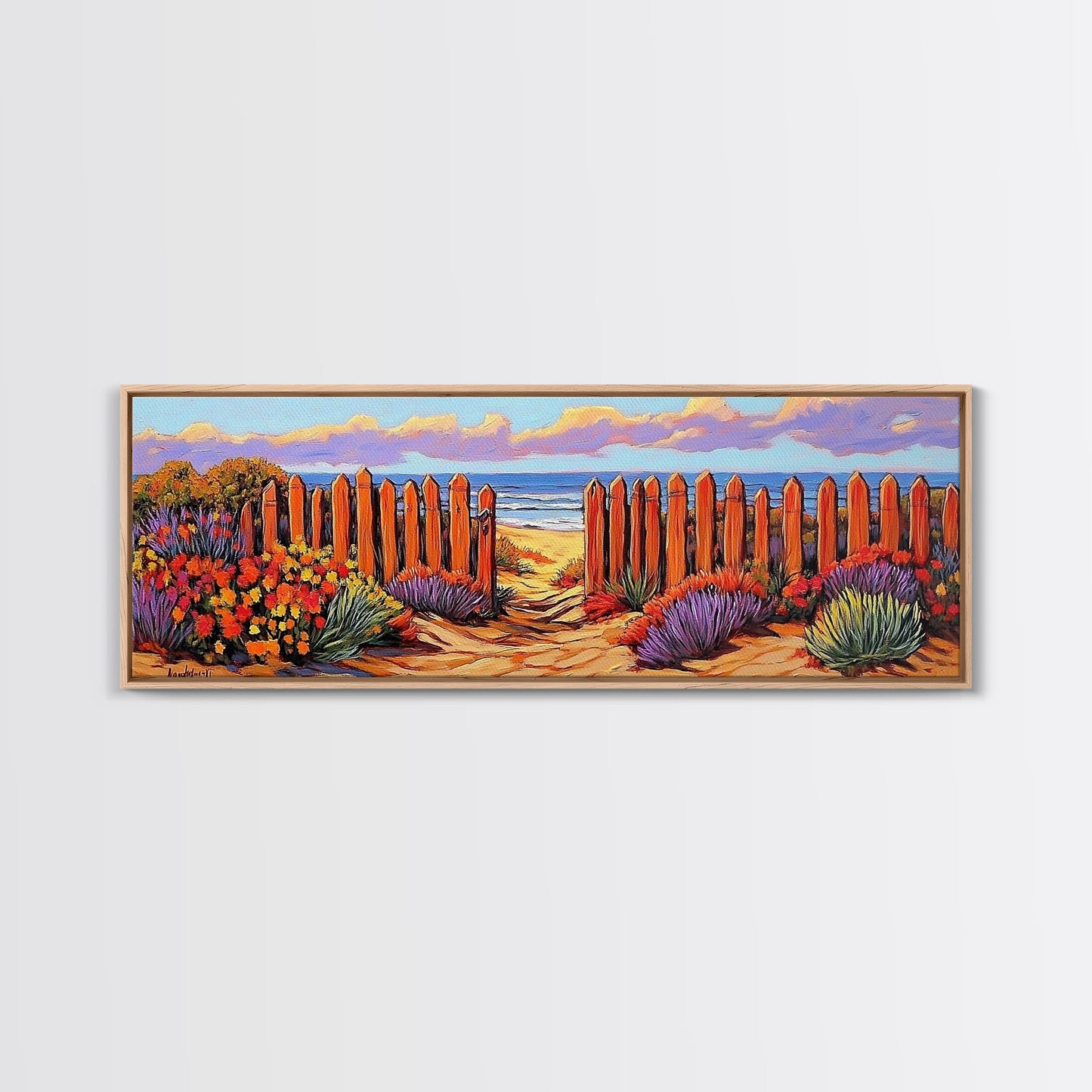 Beach Fence Trail, Ocean Coastal View, Sandy Pathway, Framed Canvas Print, Vibrant Seaside Art, Bathroom or Entryway Decor