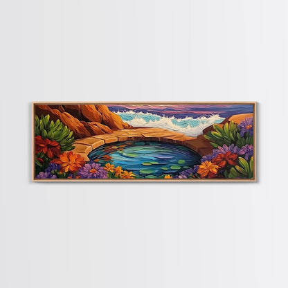Garden Oasis, Coastal Pool, Tropical Bloom, Framed Canvas Print, Bathroom Wall Art, Vibrant Nature Decor, Colorful Landscape Art