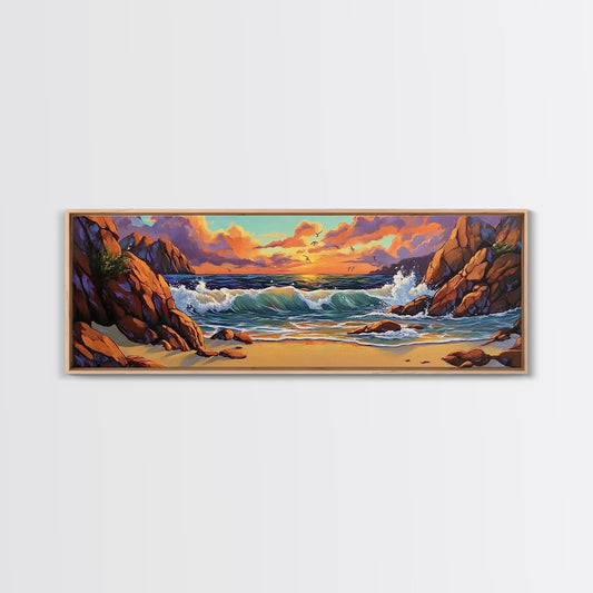 Sunset Beach Waves, Dramatic Ocean, Bold Skies, Framed Canvas Print, Entryway Wall Art, Nature Escape, Colorful Beach Scene