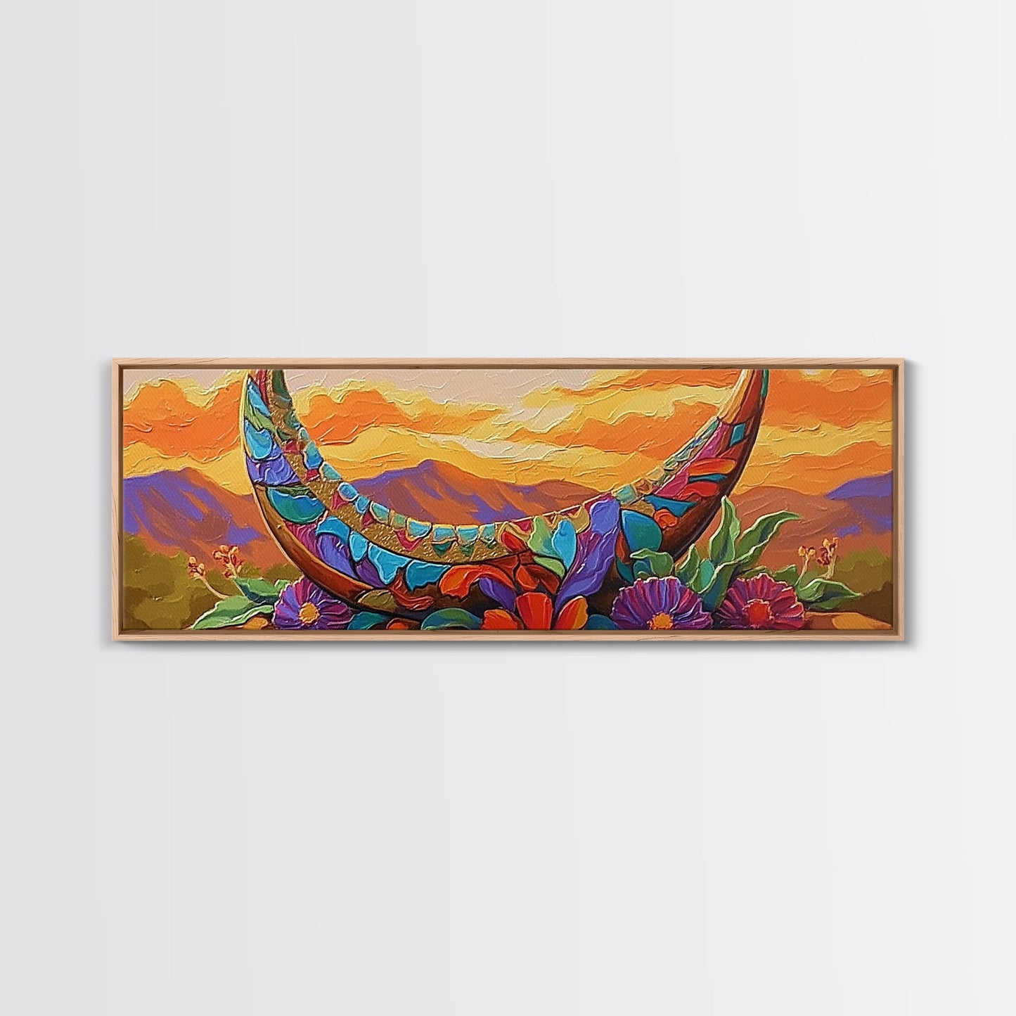 Crescent Moon, Floral Sunset, Western Vibes, Framed Canvas Print, Desert Boho Wall Art, Living Room Decor, Whimsical Southwestern Art