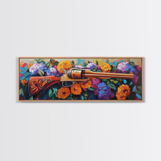 Golden Revolver Art, Floral Gun Painting, Western Floral Wall, Cowboy Chic Style, Framed Canvas Print, Man Cave Southwestern Decor
