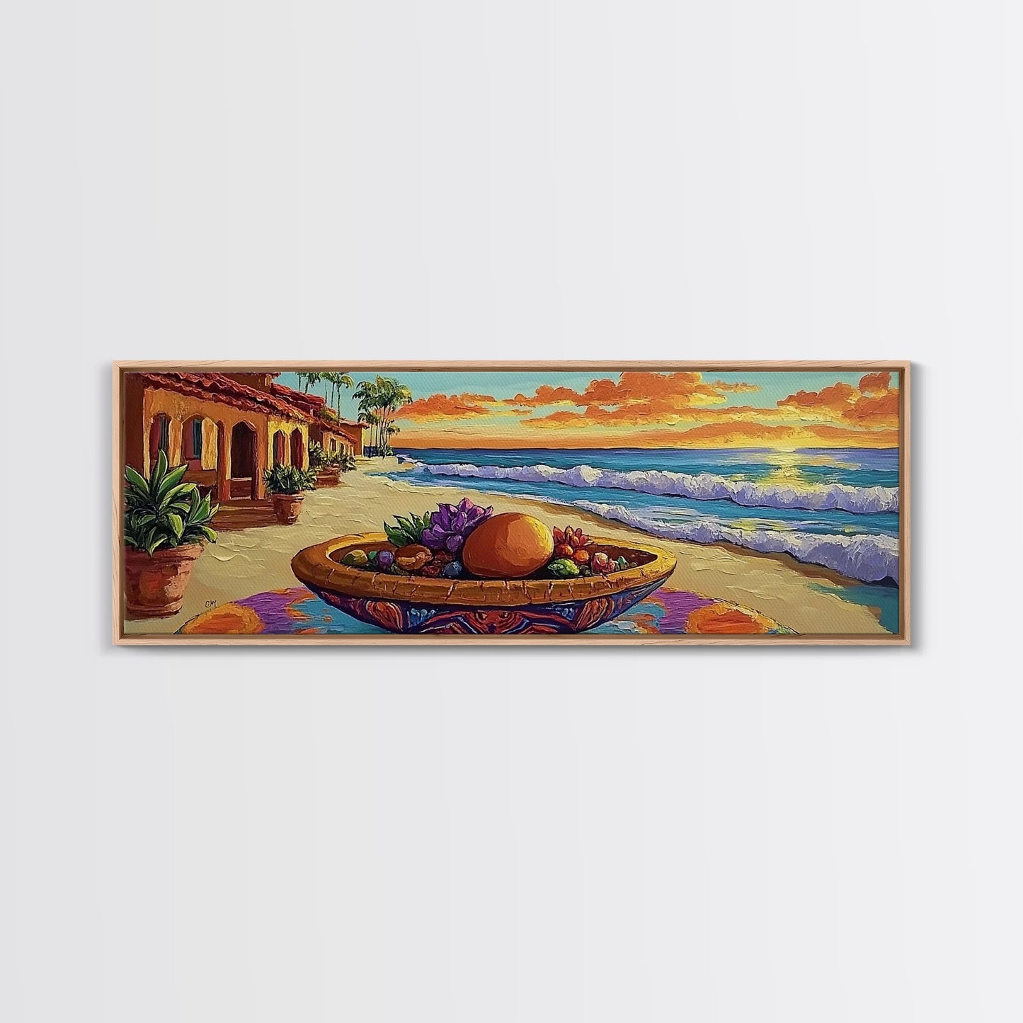 Sunset Beach, Ocean Fruit Bowl, Coastal Vibes, Framed Canvas Print, Tropical Kitchen Wall Art, Colorful Seaside Home Decor