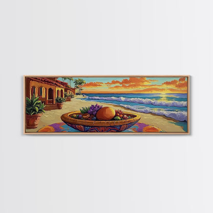Sunset Beach, Ocean Fruit Bowl, Coastal Vibes, Framed Canvas Print, Tropical Kitchen Wall Art, Colorful Seaside Home Decor