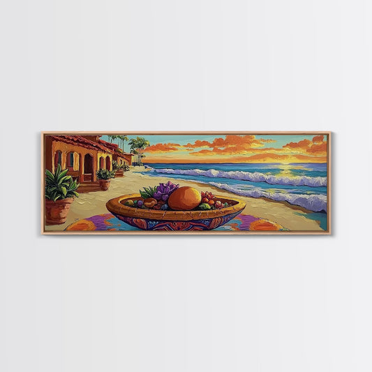 Sunset Beach, Ocean Fruit Bowl, Coastal Vibes, Framed Canvas Print, Tropical Kitchen Wall Art, Colorful Seaside Home Decor