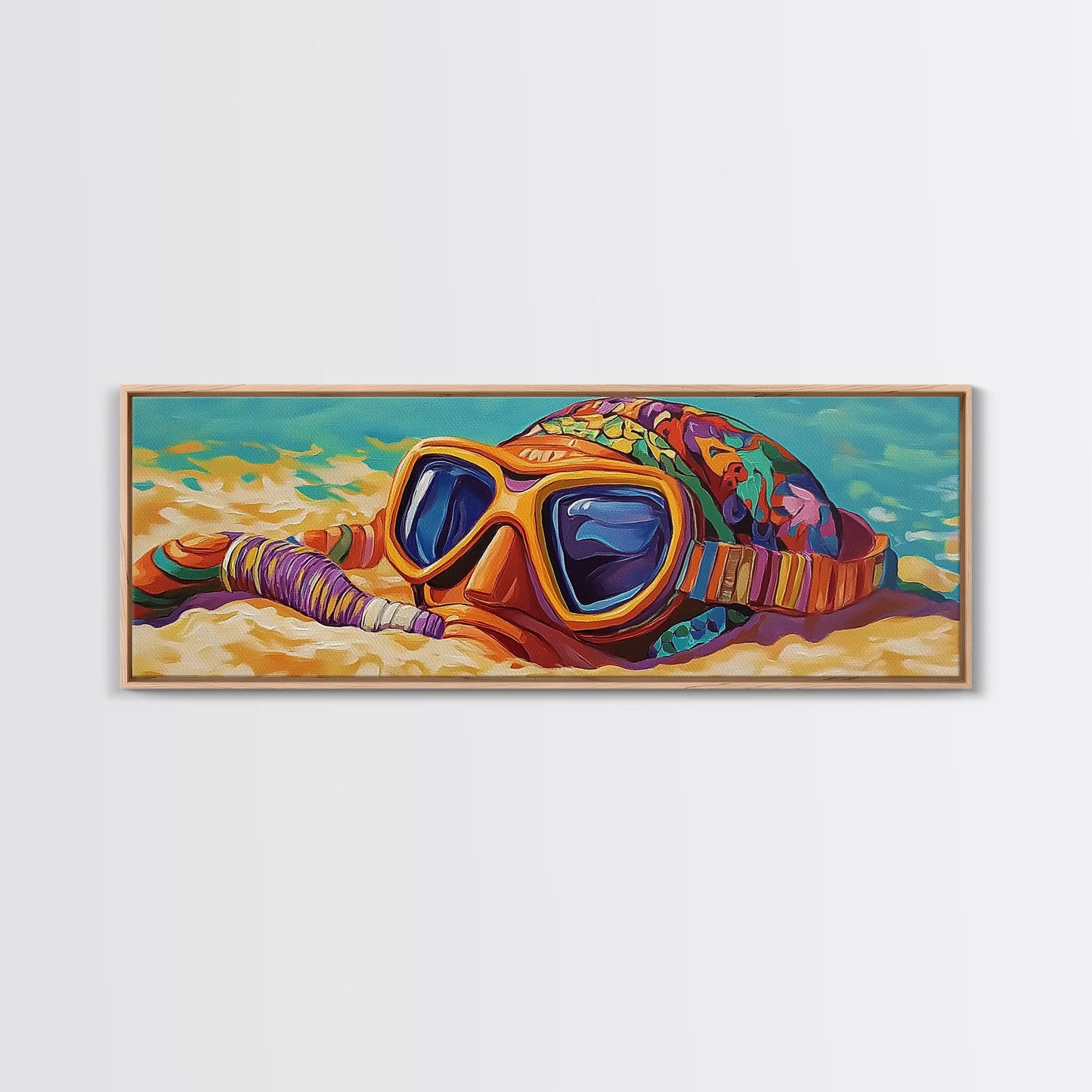 Snorkel Mask, Beach Fun, Vibrant Waves, Framed Canvas Print, Coastal Bathroom Wall Art, Bright Tropical Decor, Playful Ocean Art