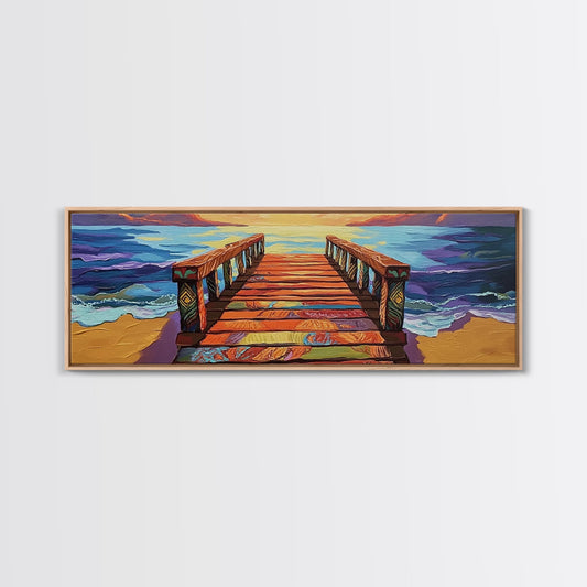 Colorful Pier, Sunset View, Ocean Dock, Serene Shoreline, Framed Canvas Print, Beach House Wall Art, Coastal Landscape Painting