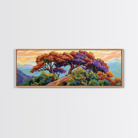 Colorful Forest, Sunset Trees, Mountain Path, Peaceful Vibes, Framed Canvas Print, nature-inspired hallway art, cozy cabin wall decor