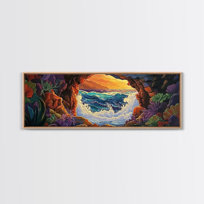 Ocean Cave View, Sunset Waves, Coastal Decor, Tropical Art, Framed Canvas Print, Beach House Wall Art, Vibrant Seascape, Boho Style