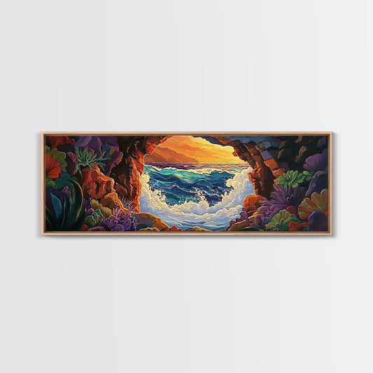 Ocean Cave View, Sunset Waves, Coastal Decor, Tropical Art, Framed Canvas Print, Beach House Wall Art, Vibrant Seascape, Boho Style