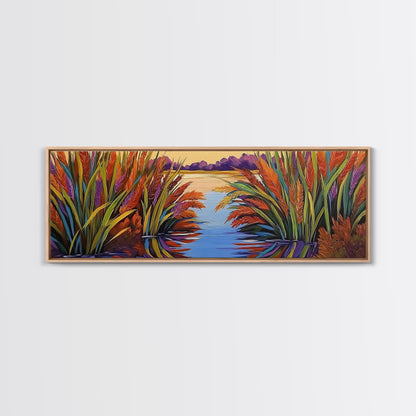 Sunset Reeds, Colorful Marsh, Reflected Peace, Framed Canvas Print, Autumn Wall Art, Living Room Decor, Vibrant Nature Landscape