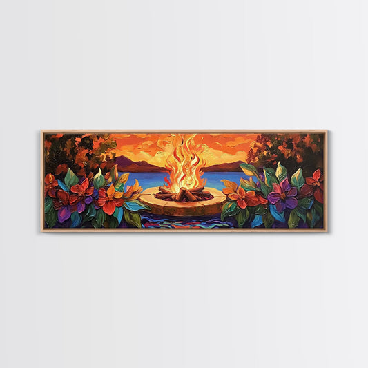 Cozy Firepit Evening, Floral Campfire Scene, Autumn Garden Wall Art, Framed Canvas Print, Fall Patio Decor, Cottagecore Living Room Art