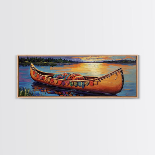 Sunset Canoe Reflection, Serene Lake Art, Cozy Lakeside Decor, Framed Canvas Print, Cabin Wall Art, Peaceful Nature Scene