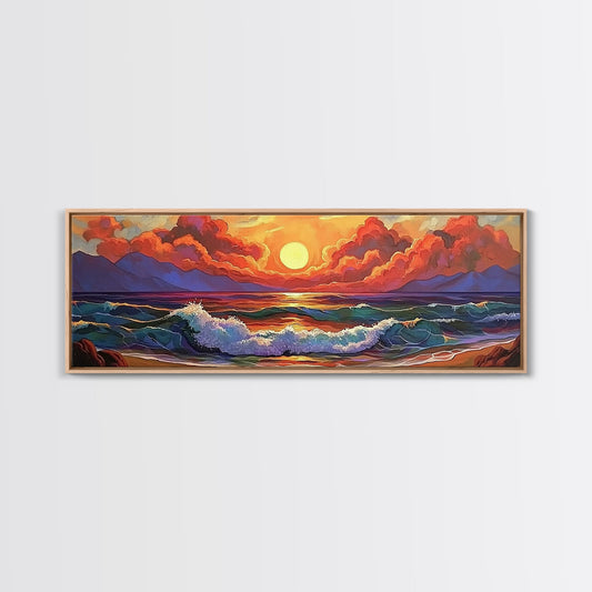 Ocean Sunset, Vibrant Sky, Crashing Waves, Bold Color, Framed Canvas Print, Coastal Wall Art, Living Room Decor, Maximalist Art