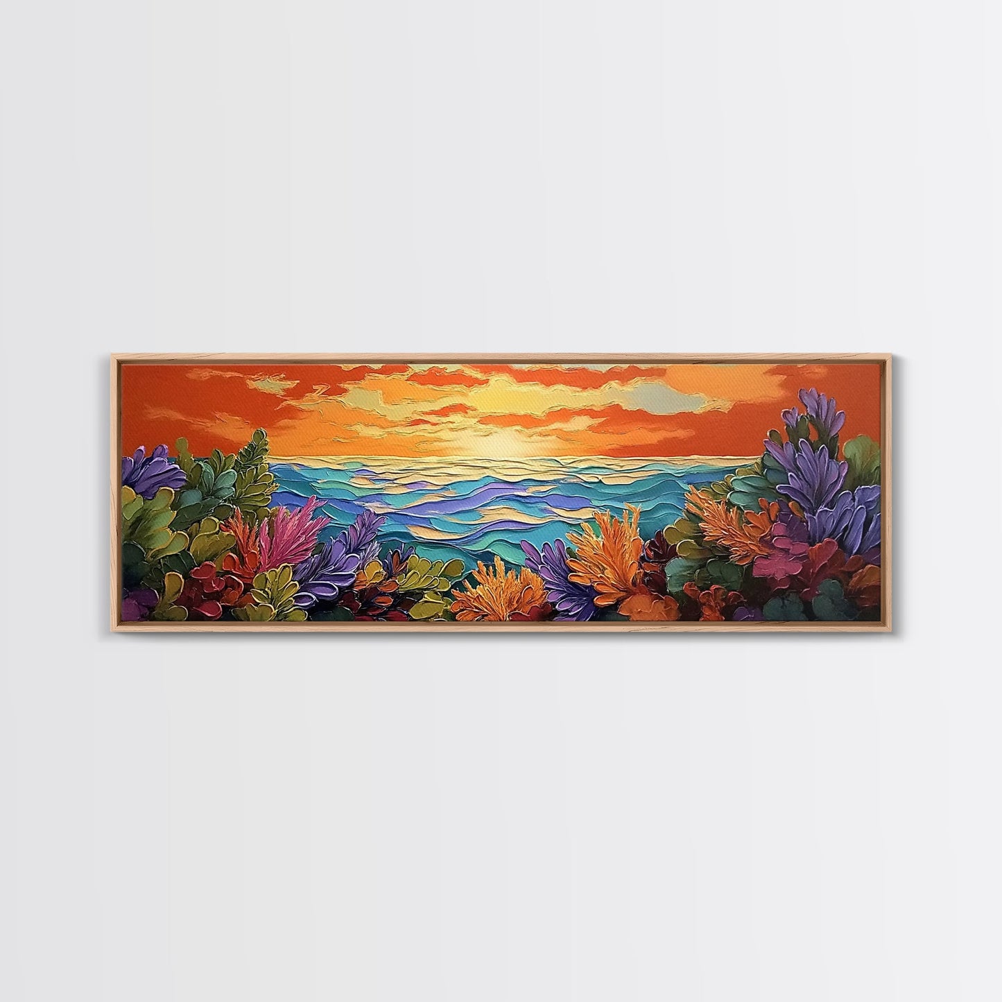 Sunset Ocean, Sea Plants, Tropical Sunset, Bold Colors, Framed Canvas Print, Bathroom Wall Art, Boho Vibes, Coastal Decor