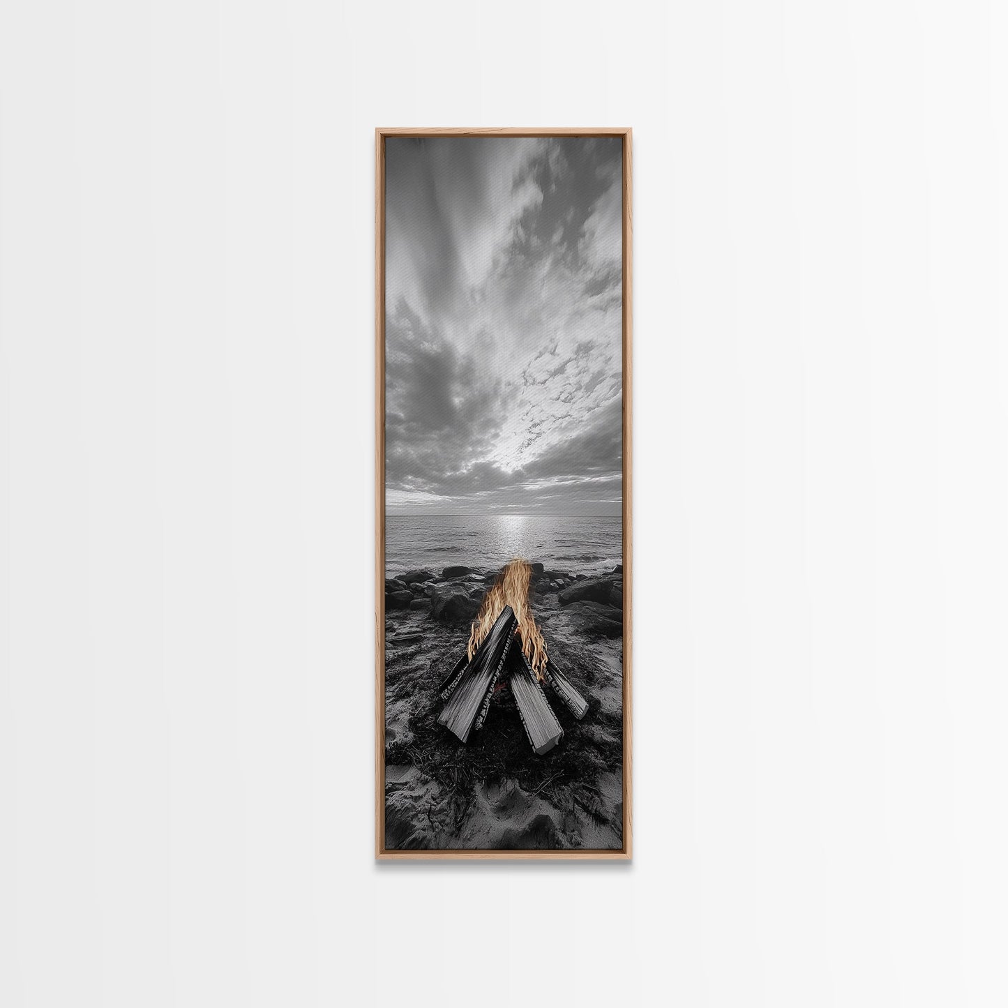 Beach Bonfire Glow, Coastal Campfire Art, Sunset Ocean Scene, Framed Canvas Print, Autumn Decor, Rustic Living Room Wall Art