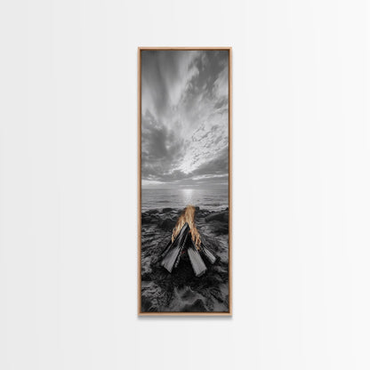 Beach Bonfire Glow, Coastal Campfire Art, Sunset Ocean Scene, Framed Canvas Print, Autumn Decor, Rustic Living Room Wall Art