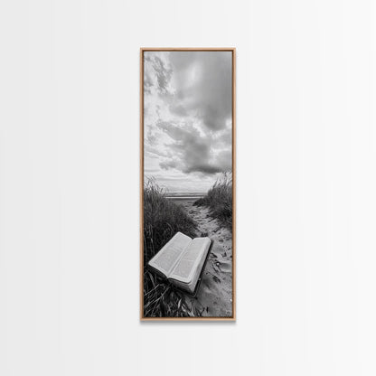 Bible on Beach, Spiritual Escape, Coastal Tranquility, Nature Meditation, Canvas Print, Faith Wall Art, Office Decor, Minimalist Art