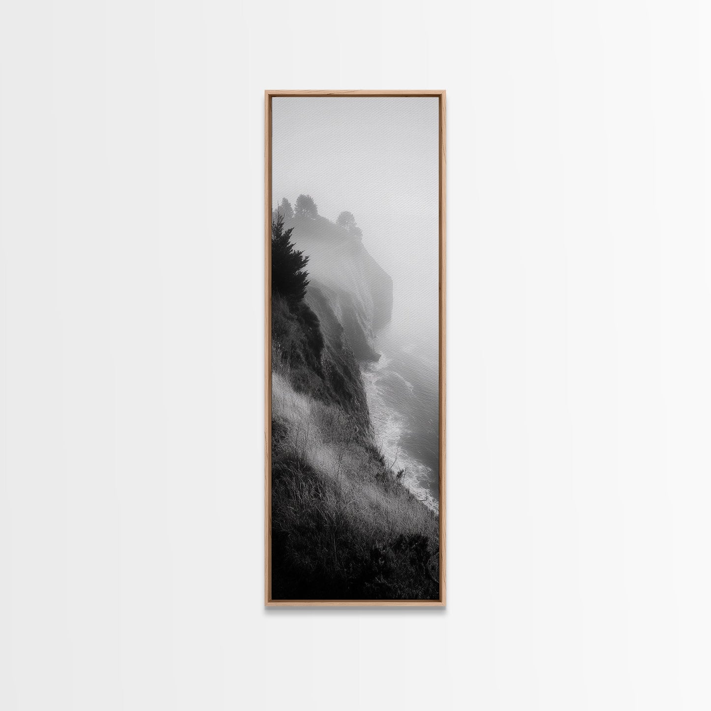 Cliffside Fog, Coastal Mist, Ocean Overlook, Framed Canvas Print, Living Room Wall Art, Monochrome Decor, Moody Landscape, Minimalist Home