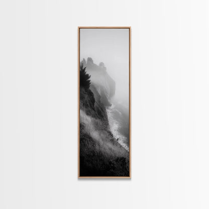 Cliffside Fog, Coastal Mist, Ocean Overlook, Framed Canvas Print, Living Room Wall Art, Monochrome Decor, Moody Landscape, Minimalist Home