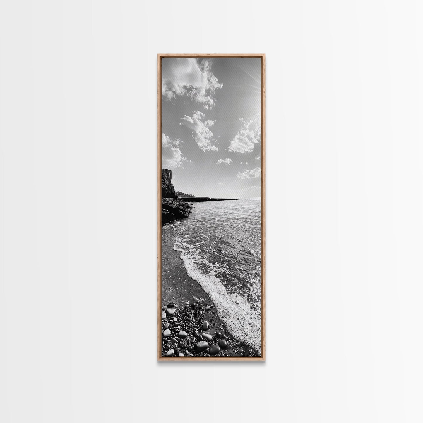 Coastal Shoreline, Pebble Beach, Ocean Breeze, Canvas Print, Bathroom Wall Art, Minimalist Decor, Black White Photography, Seaside Vibe