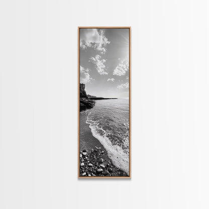 Coastal Shoreline, Pebble Beach, Ocean Breeze, Canvas Print, Bathroom Wall Art, Minimalist Decor, Black White Photography, Seaside Vibe