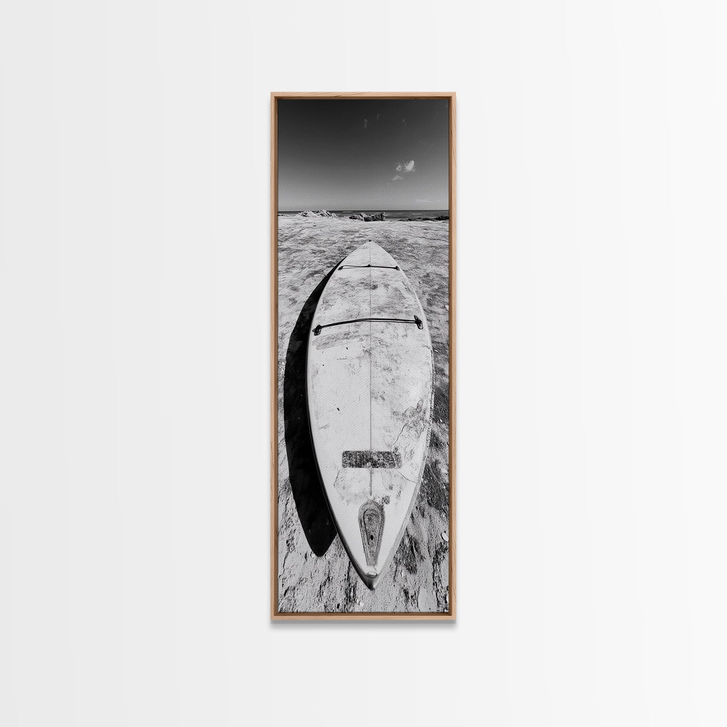Surfboard On Shore, Beach Lifestyle Decor, Minimal Seascape, Framed Canvas Print, Nautical Bathroom Wall Art, Modern Coastal Vibe