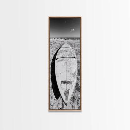 Surfboard On Shore, Beach Lifestyle Decor, Minimal Seascape, Framed Canvas Print, Nautical Bathroom Wall Art, Modern Coastal Vibe