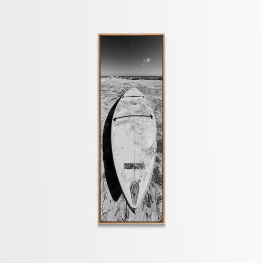 Surfboard On Shore, Beach Lifestyle Decor, Minimal Seascape, Framed Canvas Print, Nautical Bathroom Wall Art, Modern Coastal Vibe
