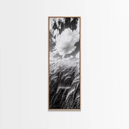Wheat Field, Cloudy Sky, Rustic Landscape, Black and White Nature, Framed Canvas Print, Farmhouse Kitchen Wall Art, Fall Harvest Vibe