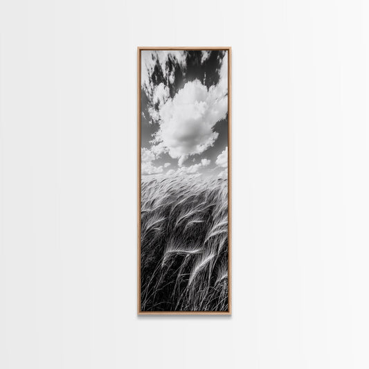 Wheat Field, Cloudy Sky, Rustic Landscape, Black and White Nature, Framed Canvas Print, Farmhouse Kitchen Wall Art, Fall Harvest Vibe