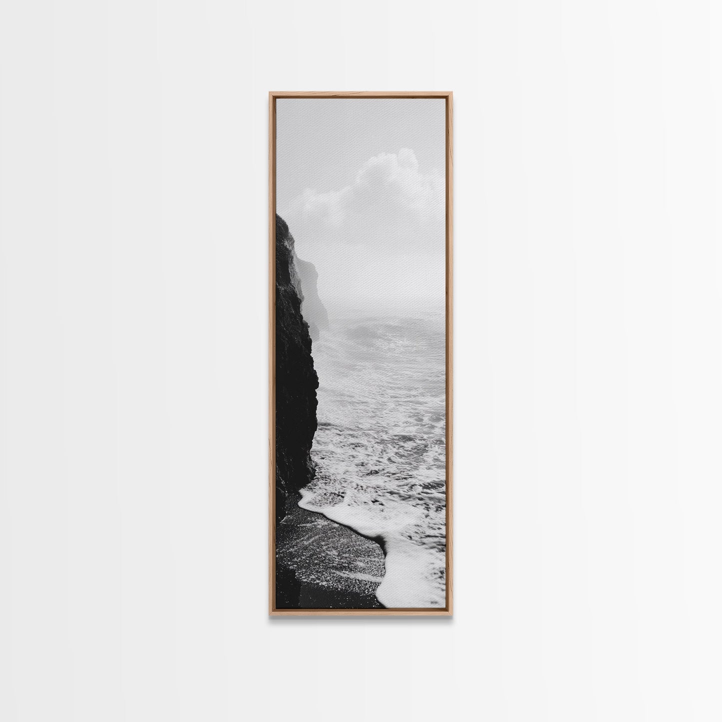 Coastal Cliff, Ocean Waves, Monochrome Seascape, Framed Canvas Print, Minimalist Ocean Art, Bathroom Decor, Nautical Wall Art
