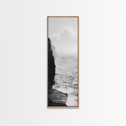 Coastal Cliff, Ocean Waves, Monochrome Seascape, Framed Canvas Print, Minimalist Ocean Art, Bathroom Decor, Nautical Wall Art