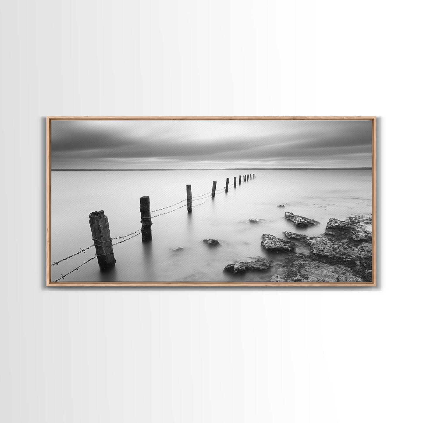 Coastal Fence Line, Tranquil Ocean Scene, Soft Minimalist Photo, Framed Canvas Print, Bathroom or Hallway Wall Art, Zen Vibes