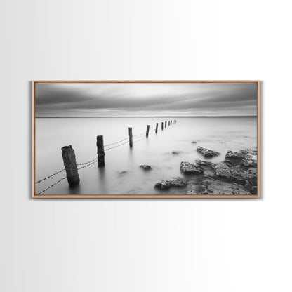 Coastal Fence Line, Tranquil Ocean Scene, Soft Minimalist Photo, Framed Canvas Print, Bathroom or Hallway Wall Art, Zen Vibes