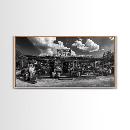 Vintage Western Storefront, Americana Country Scene, Rustic General Store, Canvas Print, Fall Cabin Decor, Black and White Art