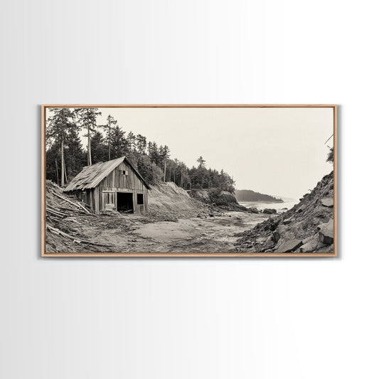 Abandoned Beach Shack, Driftwood Forest Landscape, Rustic Cabin Photo, Framed Canvas Print, Fall Wall Art, Vintage Decor, Office Wall Art