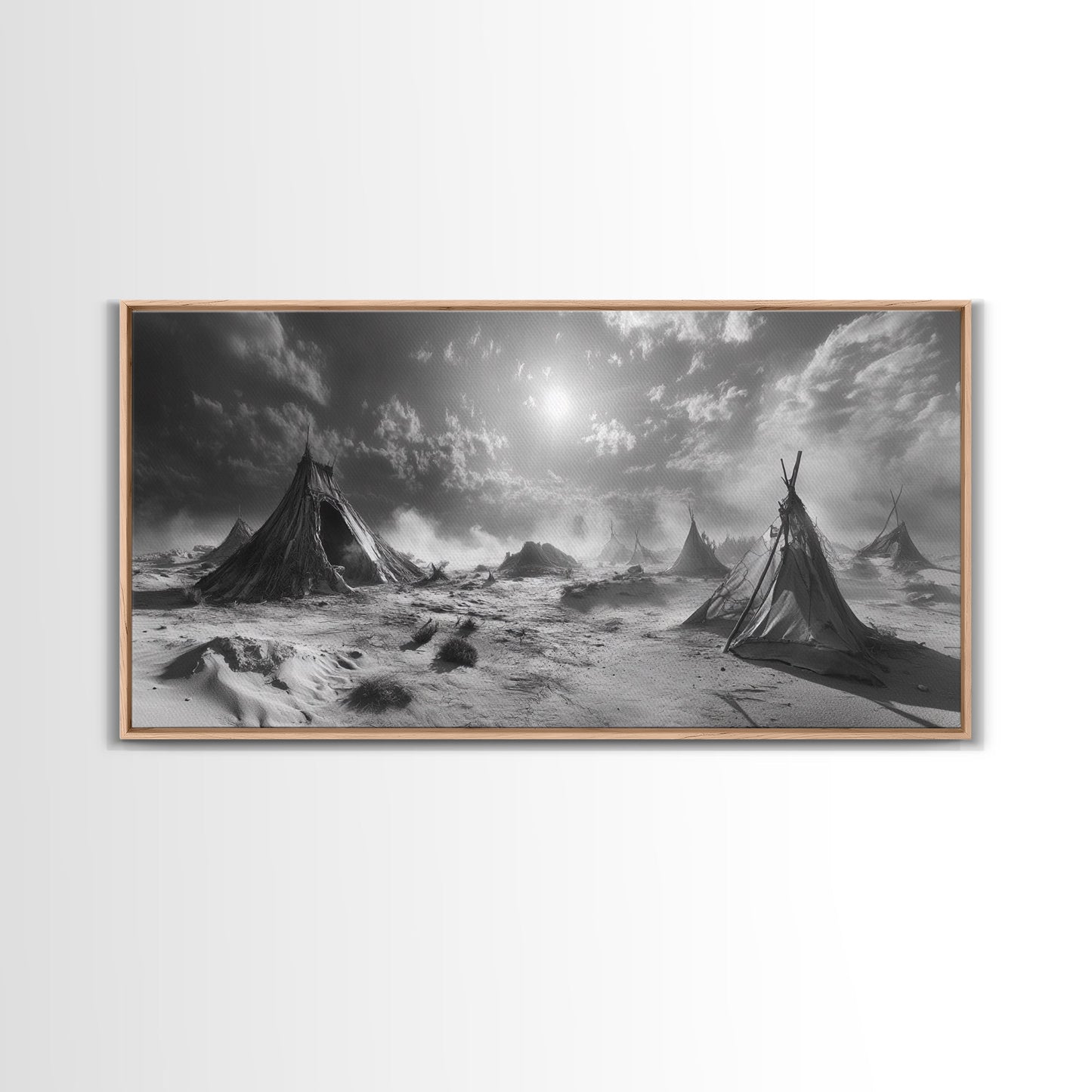 Wüstenzeltszene, surreale Stammeslandschaft, Zelte unter stürmischem Himmel, Leinwanddruck, Wandbild fürs Wohnzimmer, Boho-Nomaden-Ästhetik, Wandbild fürs Wohnzimmer