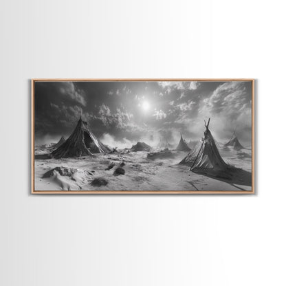 Wüstenzeltszene, surreale Stammeslandschaft, Zelte unter stürmischem Himmel, Leinwanddruck, Wandbild fürs Wohnzimmer, Boho-Nomaden-Ästhetik, Wandbild fürs Wohnzimmer