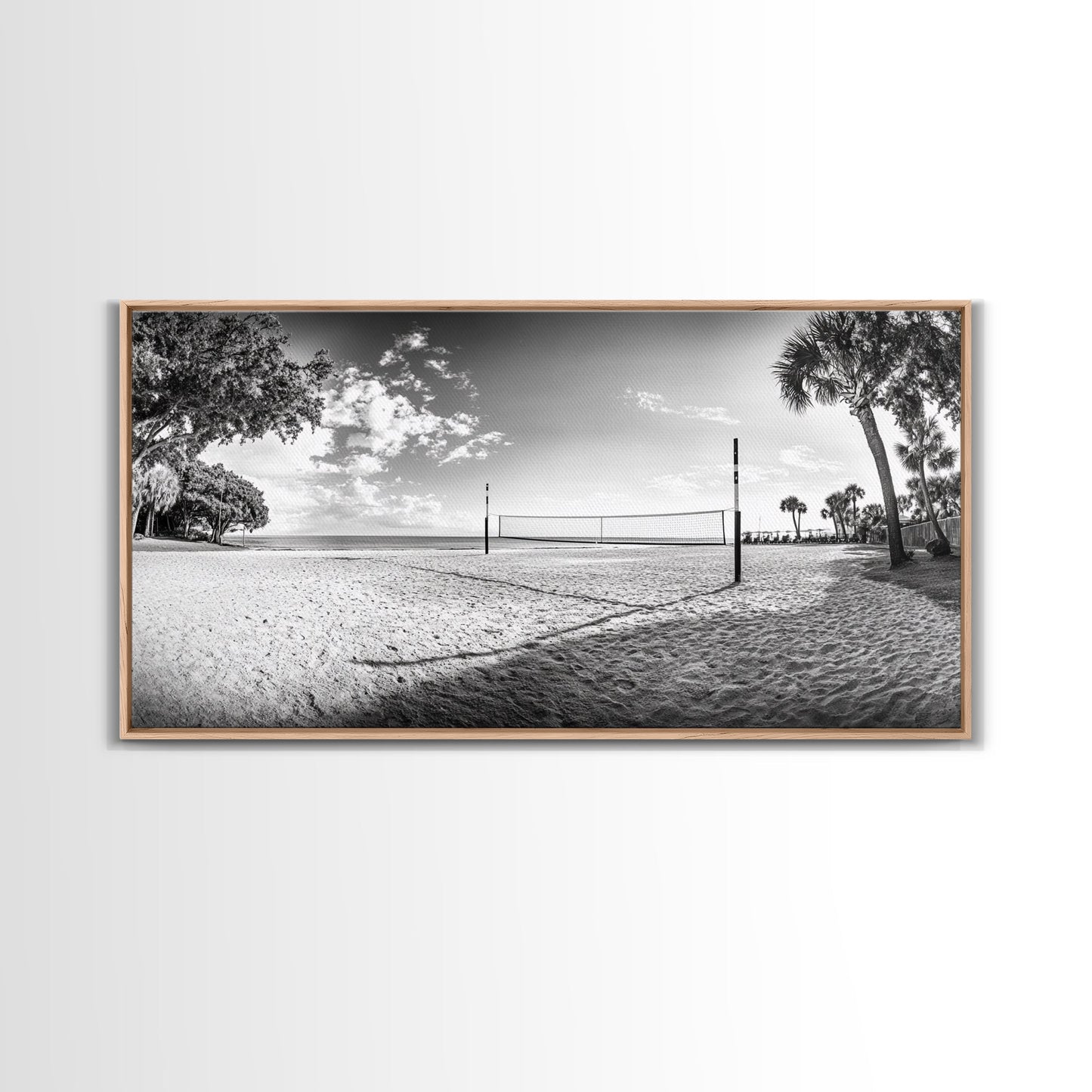 Volleyball Net, Coastal Leisure Scene, Bright Beach Vibe, Framed Canvas Print, Game Room Wall Art, Sporty Summer Beach Style