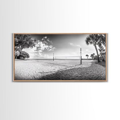 Volleyball Net, Coastal Leisure Scene, Bright Beach Vibe, Framed Canvas Print, Game Room Wall Art, Sporty Summer Beach Style