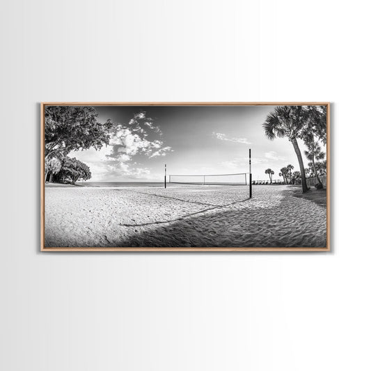 Volleyball Net, Coastal Leisure Scene, Bright Beach Vibe, Framed Canvas Print, Game Room Wall Art, Sporty Summer Beach Style