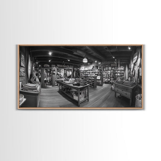 Surf Shop Interior, Vintage Store Art, Retro Beach Wall Art, Black and White Decor, Canvas Print, Man Cave Art, Eclectic Living Room
