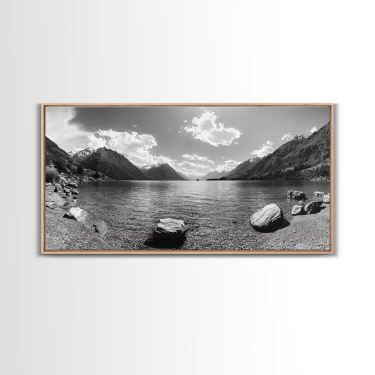 Alpine Lake Print, Mountain Reflection Art, Nature Photography, Black and White Canvas Print, Minimalist Living Room, Cabin Wall Decor