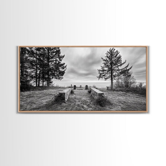 Coastal Graveyard, Moody Seascape, Quiet Reflection Scene, Framed Canvas Print, Gothic Office or Haunted Fall Wall Art Decor, Hallway Wall Art